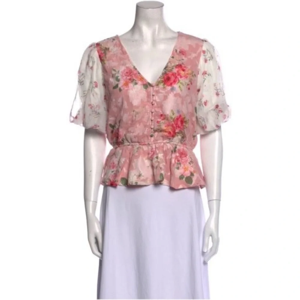 Anthropologie Hemant Nandita Pink Floral Top S Puff Sleeve Rose Boho Coquette